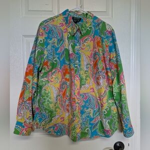 Lauren Ralph Lauren Women 2X Paisley Shirt Large Button Down Colorful Western 